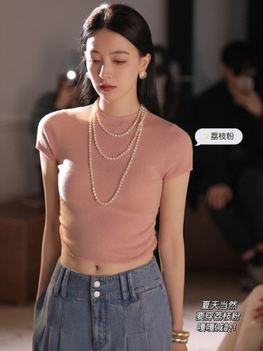 Xia Shiwen fishbone beauty arc hem side shirring design pink knitted T-shirt female slim short-sleeved top