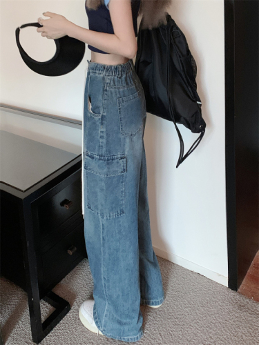 Retro loose drawstring elastic waist thin all-match overalls straight leg wide-leg chic jeans women's summer new style