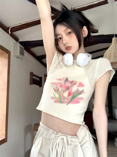 Girls' splicing mesh T-shirt summer new style slim shoulders design feeling niche hot girl short-sleeved top icy silk