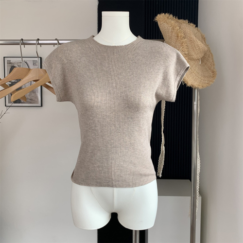 Duolaimei tie knitted short-sleeved t~female spring and summer round neck pullover short knitted top