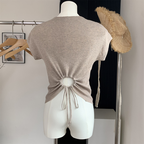 Duolaimei tie knitted short-sleeved t~female spring and summer round neck pullover short knitted top