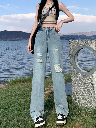 Light-colored high-waist wide-leg ripped jeans women's summer thin section  new tall straight-leg loose pants