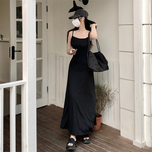 Real shot unabated French suspender dress sexy hot girl long skirt summer slim and thin sexy black skirt