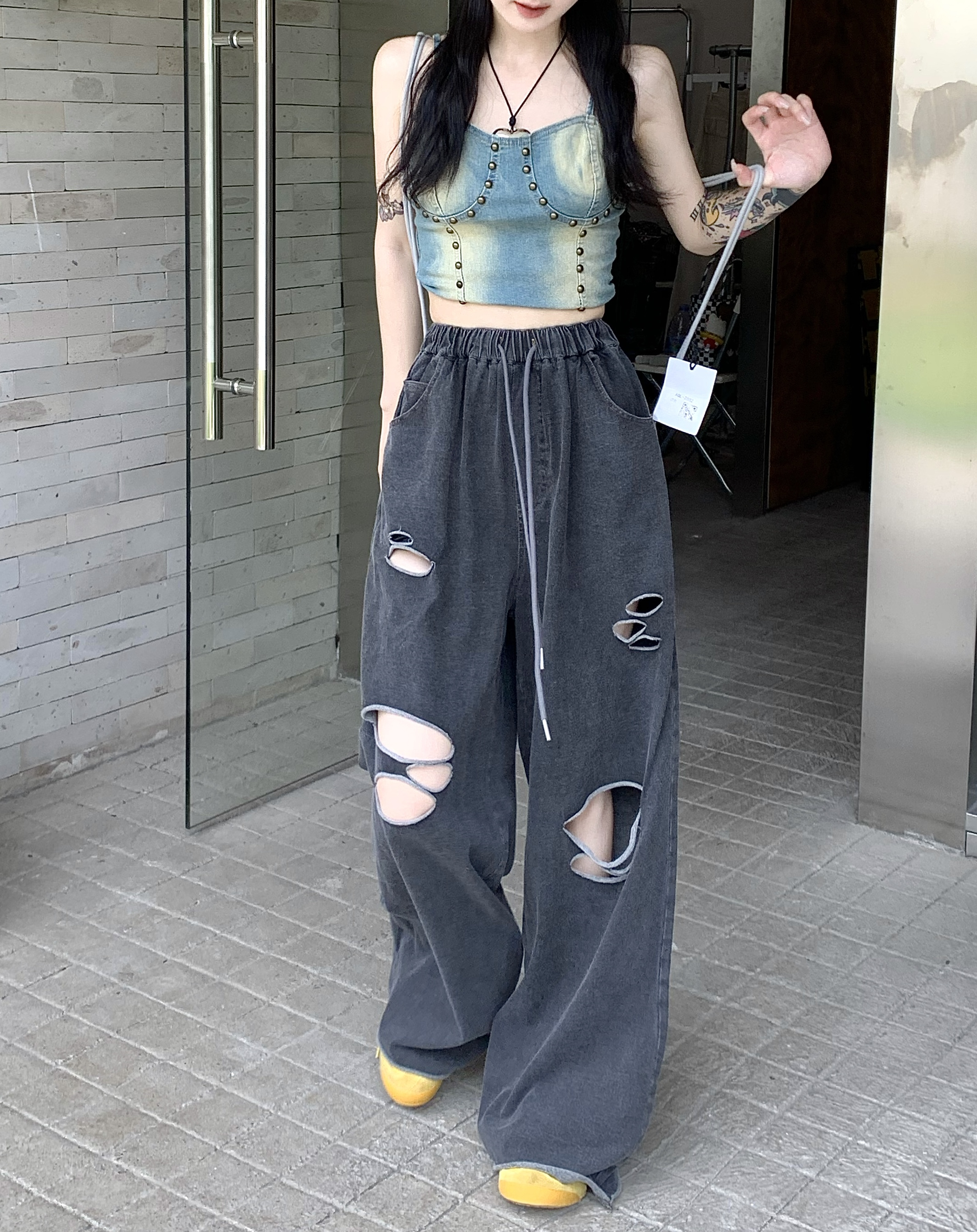 Real price, elastic waist, loose wide legs, thin, ripped, all-match casual pants