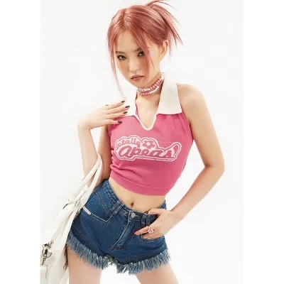 APEA2023 Summer American Spice Girl Hit Color Bow Knot Strap Wool Neck Camisole Short Top J