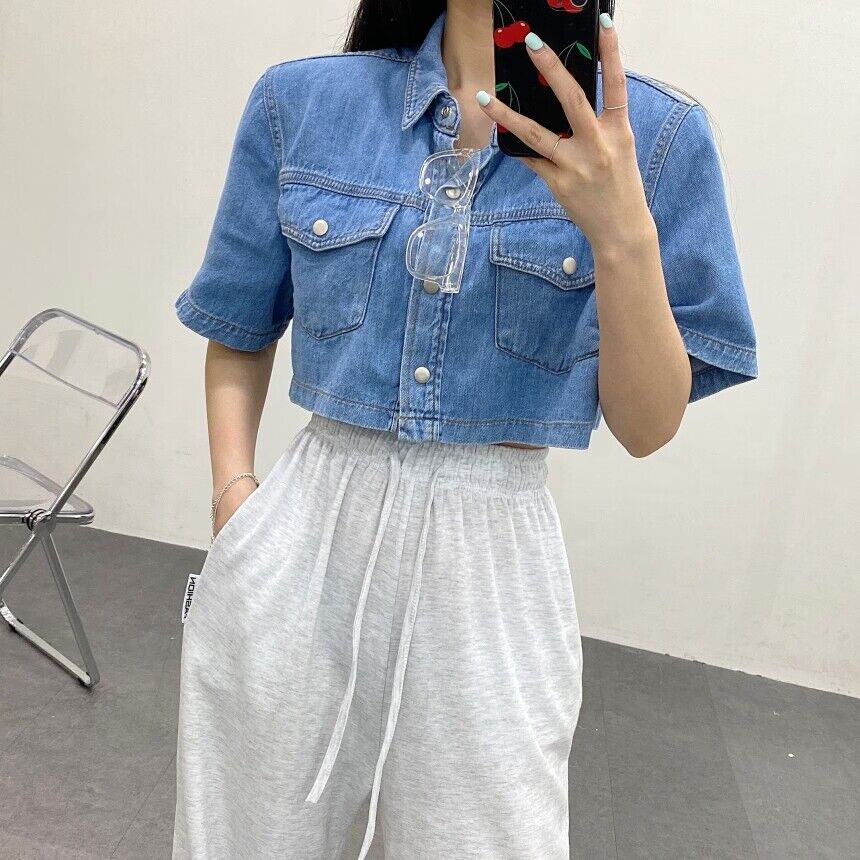 Vintage Lapel Short Sleeve Cropped Denim Shirt