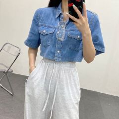 Vintage Lapel Short Sleeve Cropped Denim Shirt