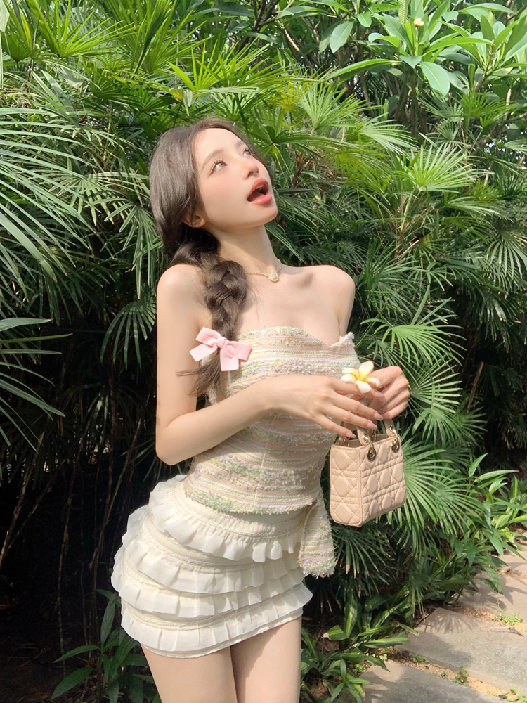Real price white lace cake skirt + tweed braided small fragrant wind tube top slim short top