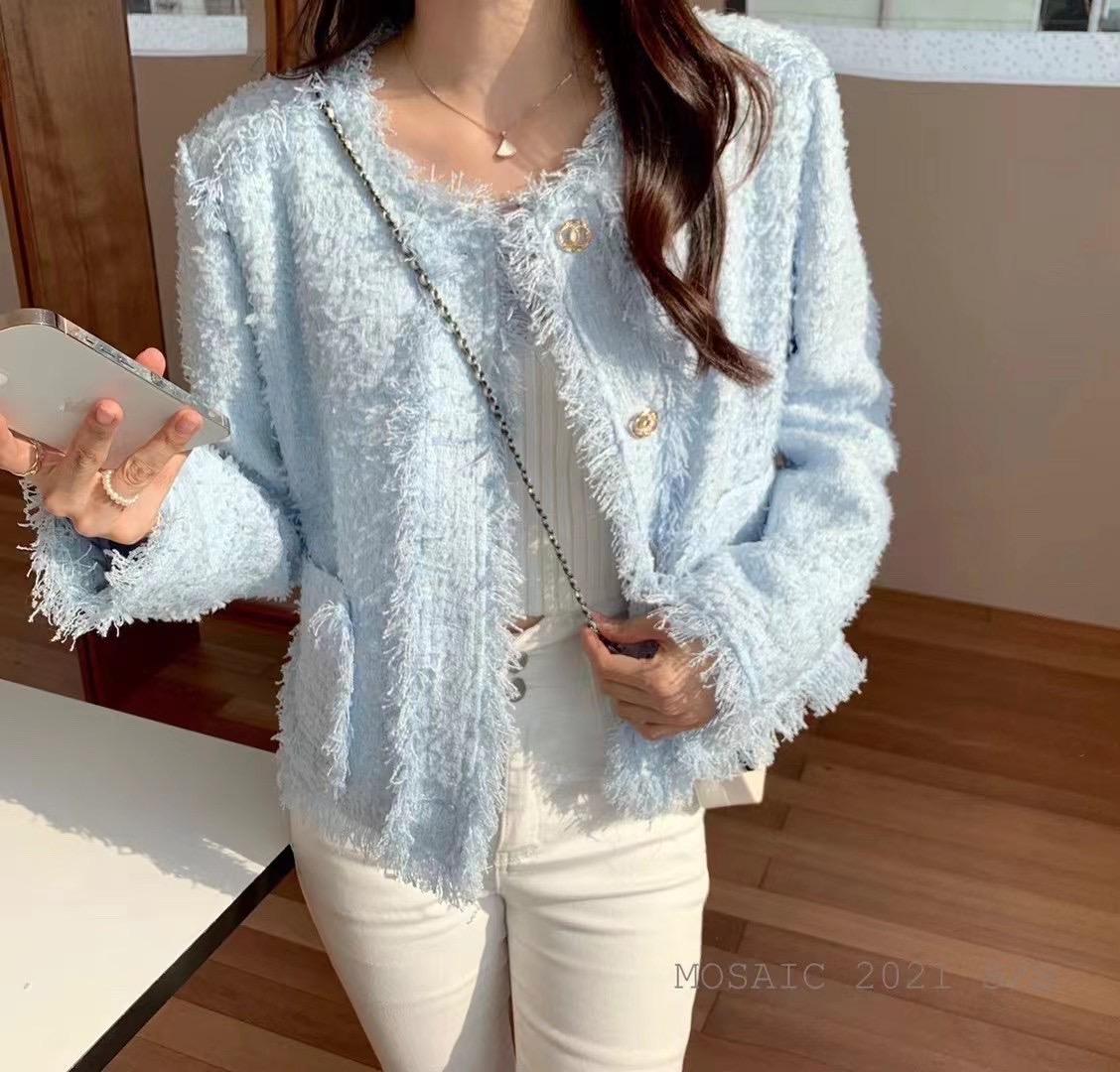 Light luxury small fragrance tweed short coat women's autumn clothing 2023 new French high-end all-match spring and autumn blue top