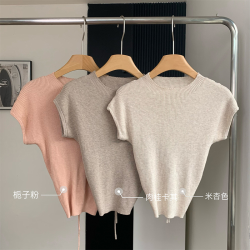 Duolaimei tie knitted short-sleeved t~female spring and summer round neck pullover short knitted top