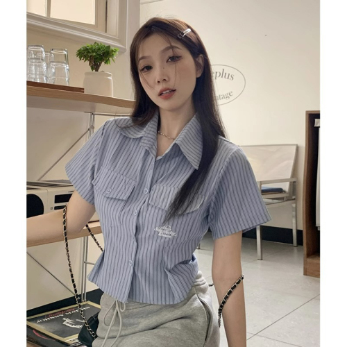 Official Picture Cool Silk Cotton College Style Striped Short-sleeved Shirt Women Summer Embroidery Slim Short Top Women