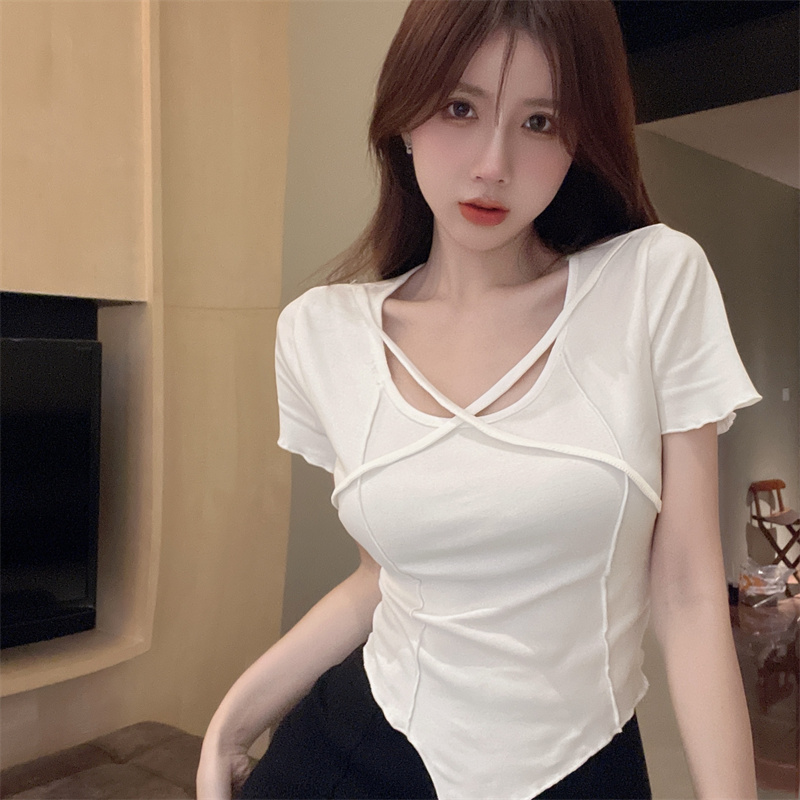 Actual shot design, sexy crossover, slimming, western style short-sleeved T-shirt, real price