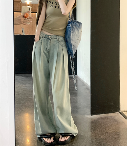 Real shot real price American retro light-colored pleated wide-leg jeans women's new high-waist slim mopping trousers