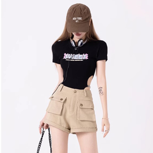 Hot girl black short-sleeved t-shirt women's summer one-piece dress with waistless slim-fit one-piece top with a niche design sense