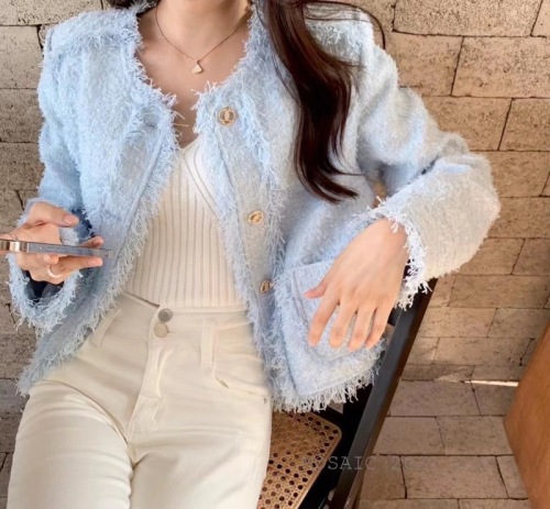 Light luxury small fragrance tweed short coat women's autumn clothing  new French high-end all-match spring and autumn blue top