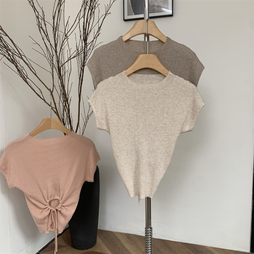 Duolaimei tie knitted short-sleeved t~female spring and summer round neck pullover short knitted top