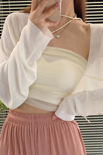 Knitted sunscreen cardigan thin section women's summer shawl with ice silk short top white blouse small vest jacket