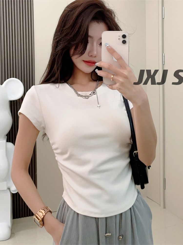 Cotton t summer 2023 all-match design sense pleated bottoming top female Korean style temperament waist slimming short-sleeved round neck T-shirt