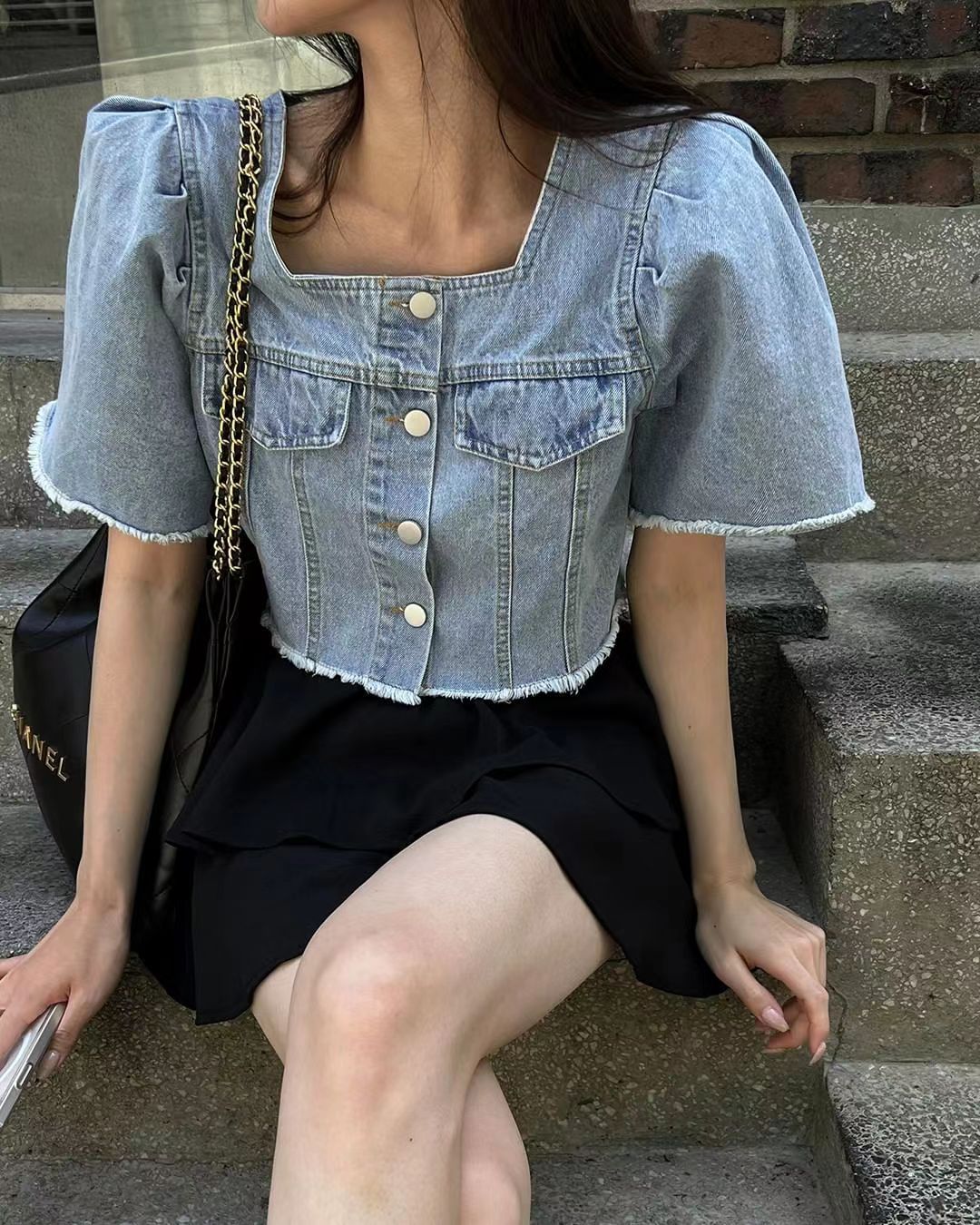 Spot short denim jacket female small short-sleeved fringed top design sense niche