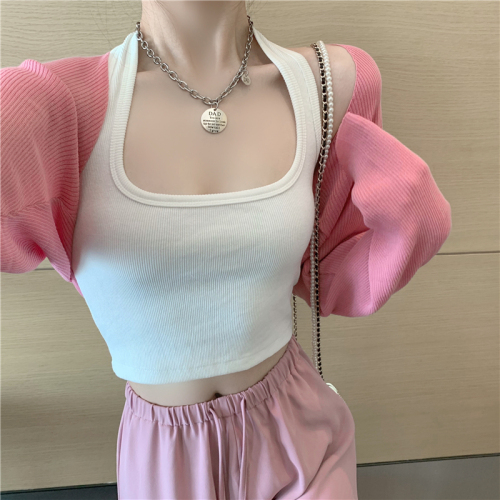 Knitted sunscreen cardigan thin section women's summer shawl with ice silk short top white blouse small vest jacket