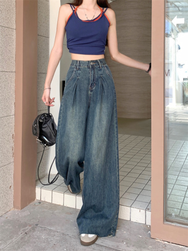 Real shot retro drape jeans women's spring and summer design sense high waist hot girl loose straight leg mopping wide leg trousers