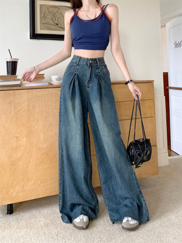 Real shot retro drape jeans women's spring and summer design sense high waist hot girl loose straight leg mopping wide leg trousers