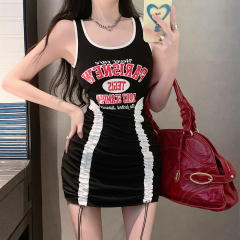 Real shot sweet and spicy style color printing drawstring pleated vest skirt feminine backless dress trendy