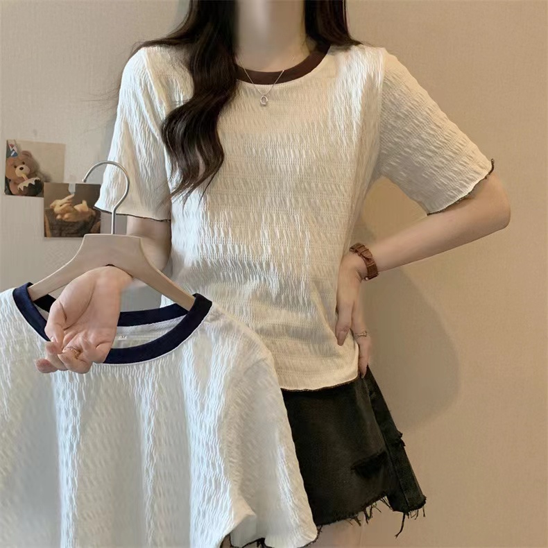 Real shot summer new curly edge hit color loose short-sleeved T-shirt for women
