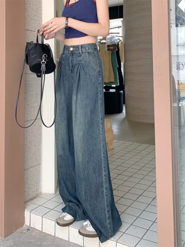 Real shot retro drape jeans women's spring and summer design sense high waist hot girl loose straight leg mopping wide leg trousers