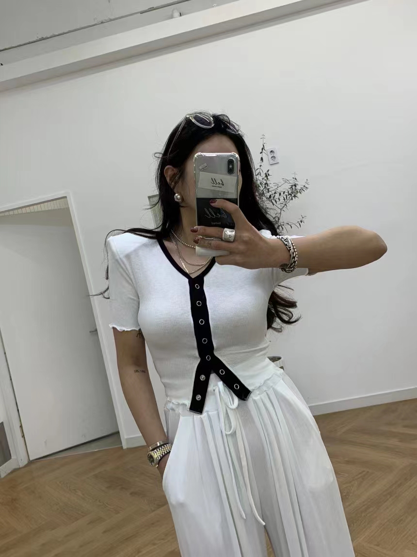 Korean summer new hidden button short-sleeved top + casual pants two-piece set