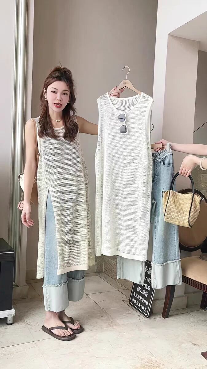 2023 summer new design holiday style knitted over-the-knee skirt hollowed out long section slit vest dress for women
