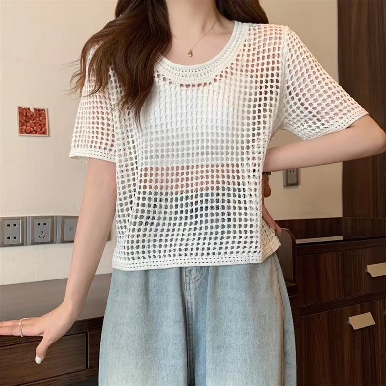 2023 summer new design hollow knit short-sleeved top women