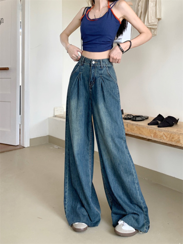 Real shot retro drape jeans women's spring and summer design sense high waist hot girl loose straight leg mopping wide leg trousers