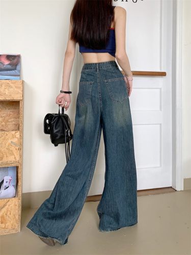 Real shot retro drape jeans women's spring and summer design sense high waist hot girl loose straight leg mopping wide leg trousers