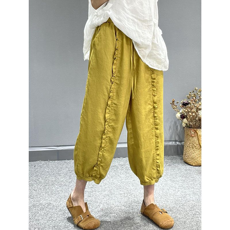 Washed cotton and linen summer new style wooden ears slimming harem pants literary solid color loose casual cropped pants women