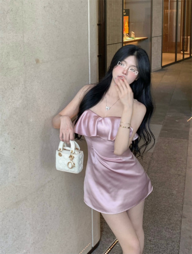 Actual real price celebrity daughter sweet high-end pink ruffle design satin gentle sexy dress