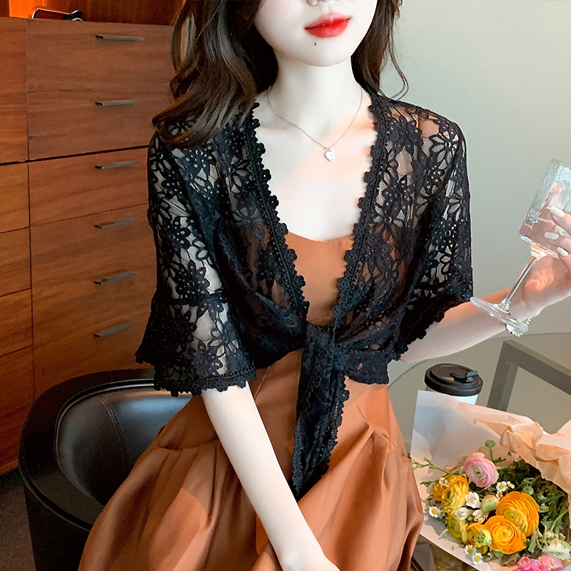 Lace hollow short-sleeved cardigan small shawl small vest summer all-match 2023 summer thin coat women