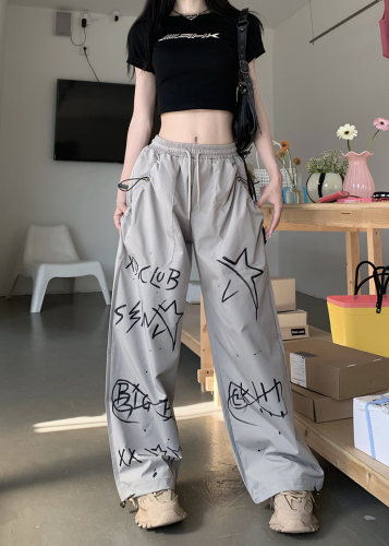Real shot real price American street hip-hop graffiti sports pants women's summer thin section loose wide-leg casual pants tide