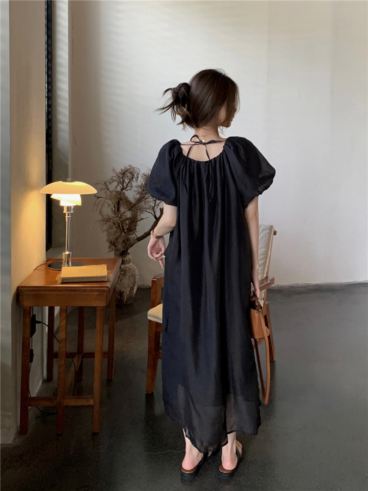 Real shot real price atmosphere feeling one word shoulder two wear puff sleeve loose dress Korean slim temperament short-sleeved long skirt