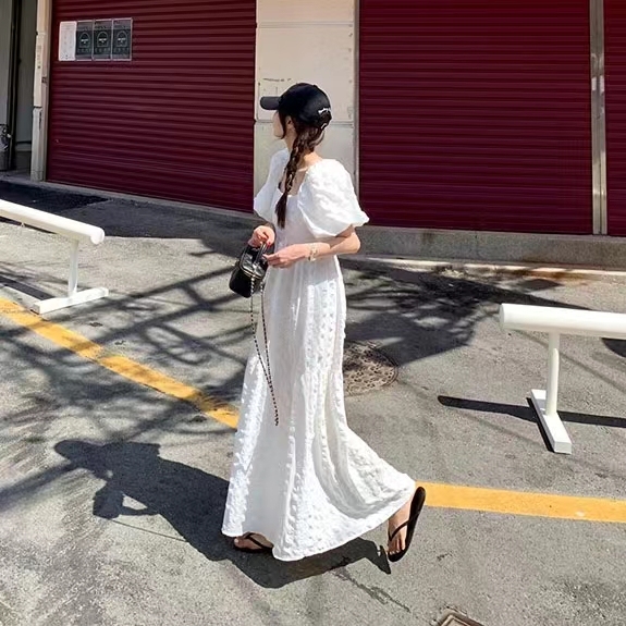 Korea Temperament Square Neck Puff Sleeve Waffle Backless Dress