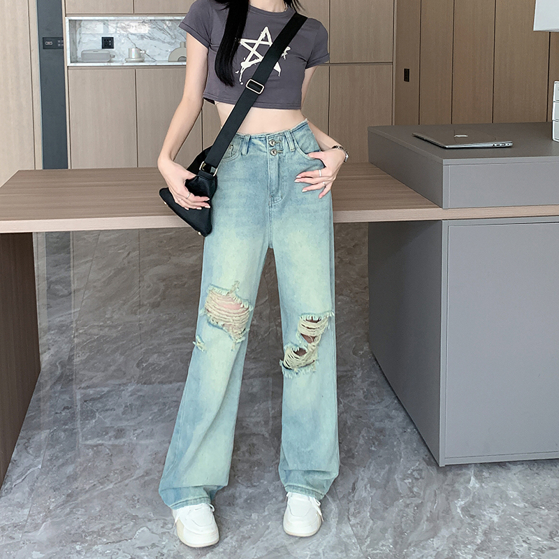Real shot of the new hot girl ripped jeans female retro new BF style high waist slimming design sense wide leg trousers summer