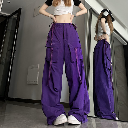 Real shot of high street quick-drying overalls women's  summer new streamer hip-hop street loose legged casual pants