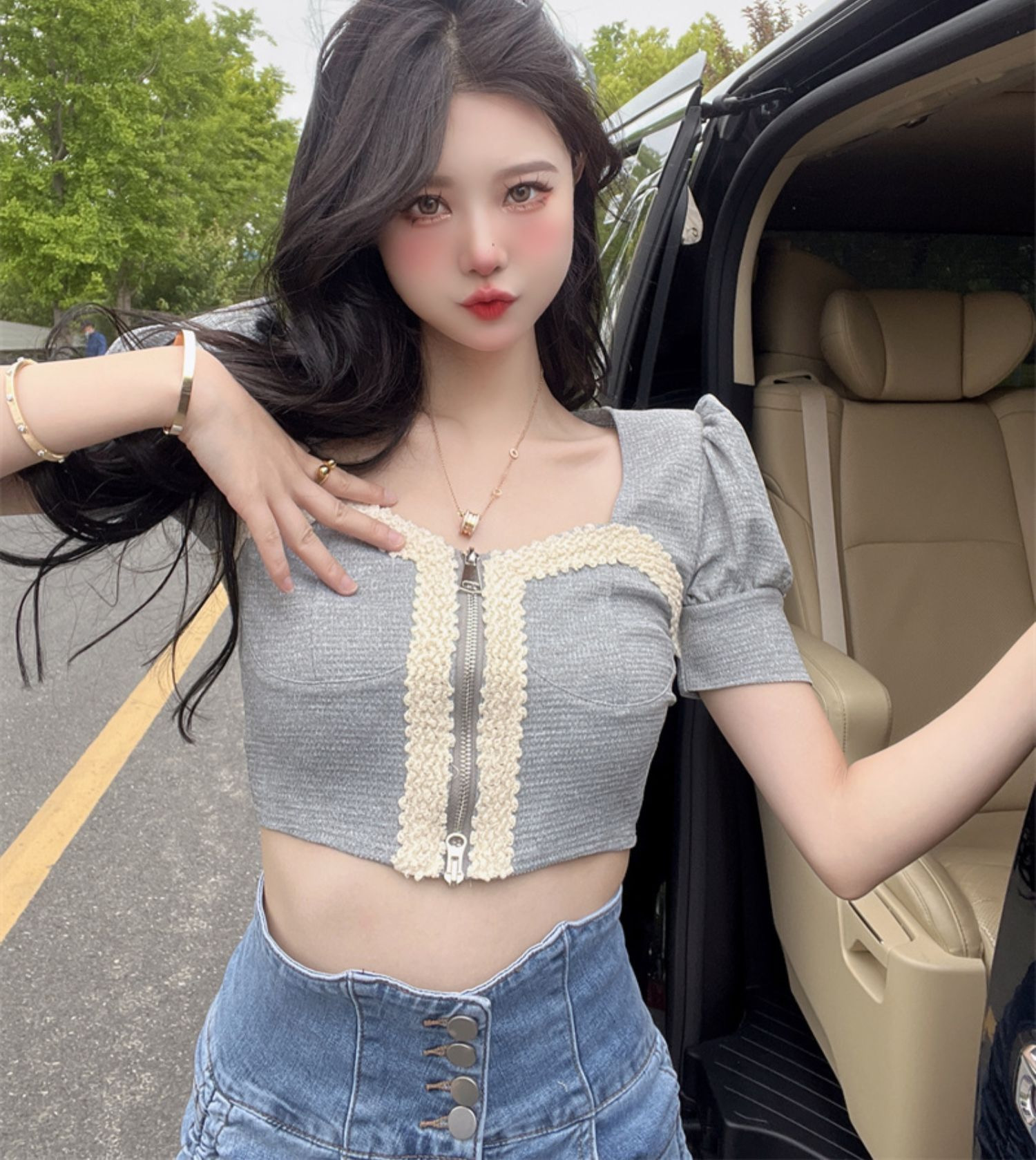 2023 summer women's sweet and spicy retro square collar short-sleeved T-shirt lace stitching high waist crop top ins