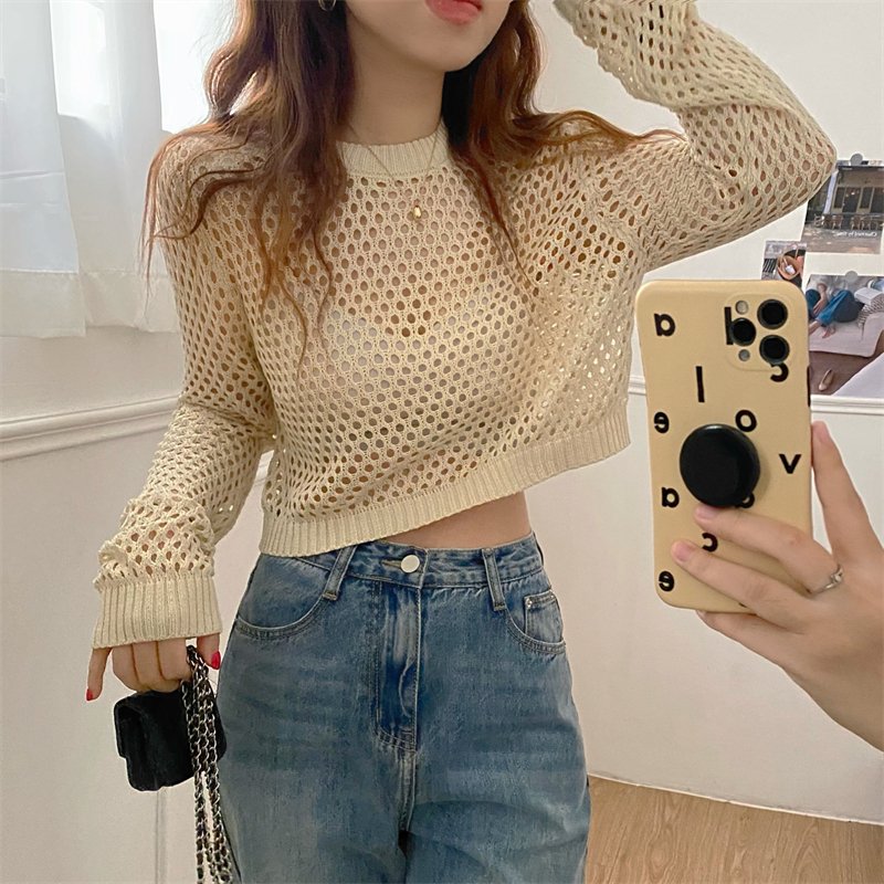 Short sunscreen long-sleeved knitted sweater women's summer hollow out air-conditioning blouse T-shirt fashion western style fashionable top