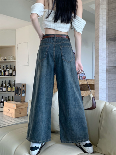 Real shot wide-leg eight-point jeans women's summer small nine-point straight tube loose drape  new pants