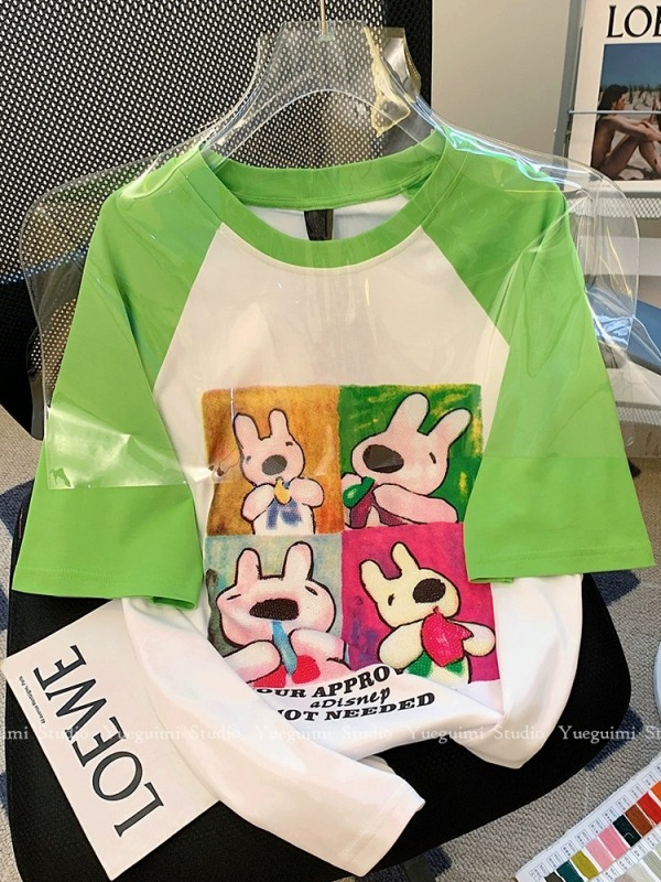 Contrasting color raglan shoulder short-sleeved t-shirt women's 2023 new summer loose casual half-sleeved rabbit top foreign style age reduction
