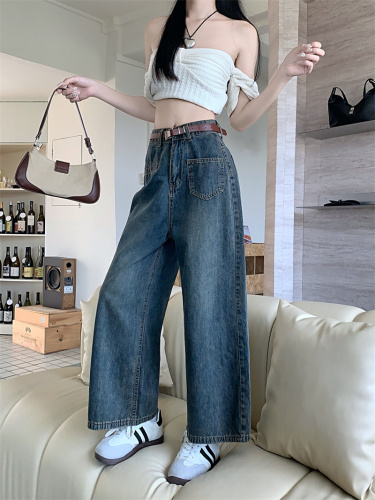 Real shot wide-leg eight-point jeans women's summer small nine-point straight tube loose drape  new pants