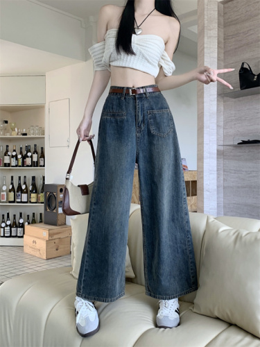 Real shot wide-leg eight-point jeans women's summer small nine-point straight tube loose drape  new pants