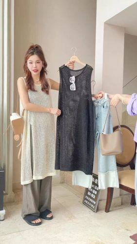  summer new design holiday style knitted over-the-knee skirt hollowed out long section slit vest dress for women