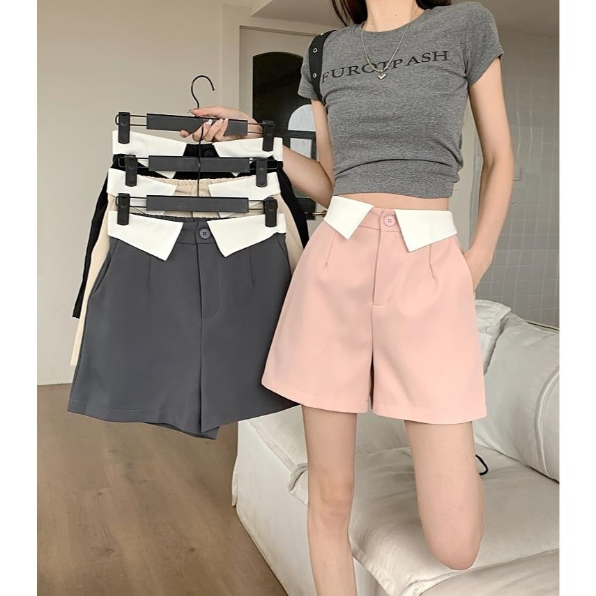 Lapel design sense suit shorts female summer Korean version 2023 new high waist thin all-match wide-leg casual pants